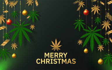 Merry Christmas  cannabis marijuana plant greeting card elements paper cut with craft style on background.