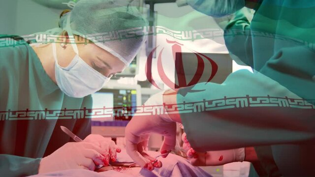 Animation of flag of iran waving over surgeons in operating theatre
