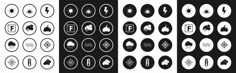 Set Lightning bolt, Cloud with snow and sun, Fahrenheit, Sun, moon stars, Sunrise, Snowflake and rain icon. Vector