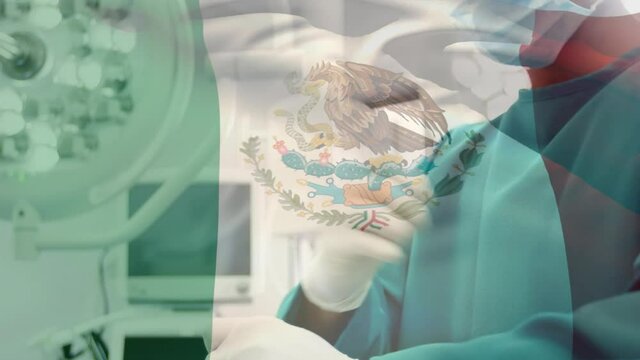 Animation of flag of mexico waving over surgeon in operating theatre
