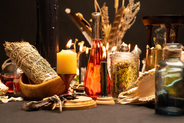 Occult and esoteric witch doctor still life. Selective focus. Halloween background with magic...