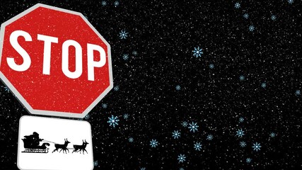 Animation of snow falling over stop sign with santa sleigh on dark background - Powered by Adobe