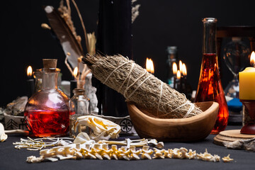 Occult and esoteric witch doctor still life. Selective focus. Halloween background with magic...