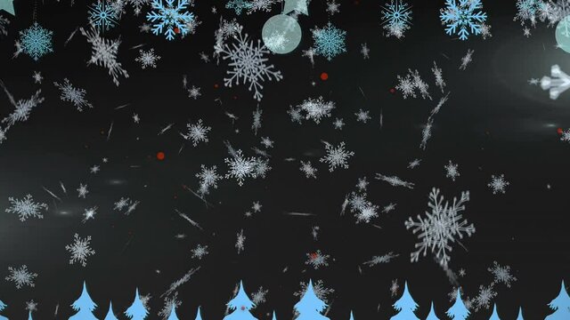 Animation of snow falling over christmas scenery on blue background