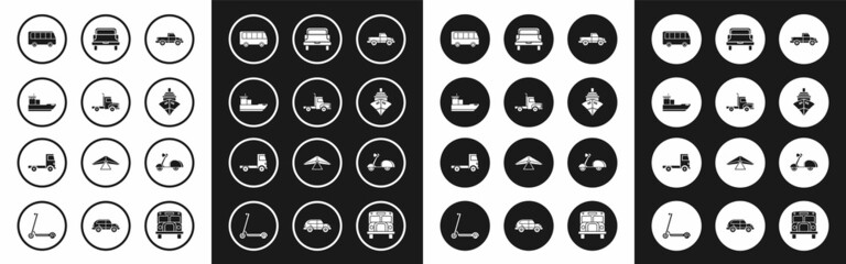 Set Pickup truck, Delivery cargo vehicle, Cargo ship, Bus, Scooter and icon. Vector