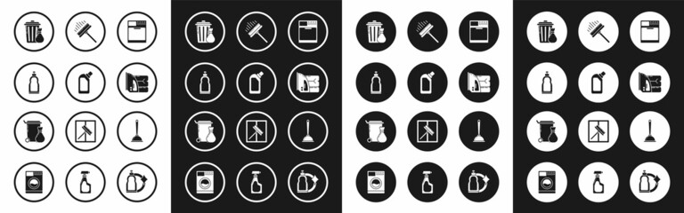 Set Washer, Plastic bottles for liquid dishwashing liquid, Trash can and garbage bag, Electric iron towel, Squeegee, scraper, wiper, Toilet plunger and icon. Vector