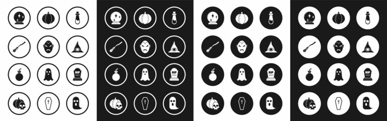 Set Bottle with potion, Vampire, Witches broom, Magic ball, hat, Pumpkin, Tombstone RIP and Bomb ready explode icon. Vector