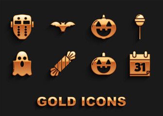 Set Candy, Lollipop, Calendar with Halloween date 31 october, Pumpkin, Ghost, Hockey mask and Flying bat icon. Vector