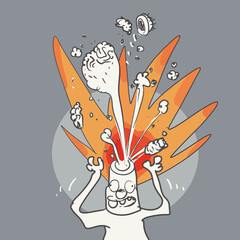 brain explosion that represent excessive workload, overthinking, etc. cartoon style funny illustration. grey background is in different layer.