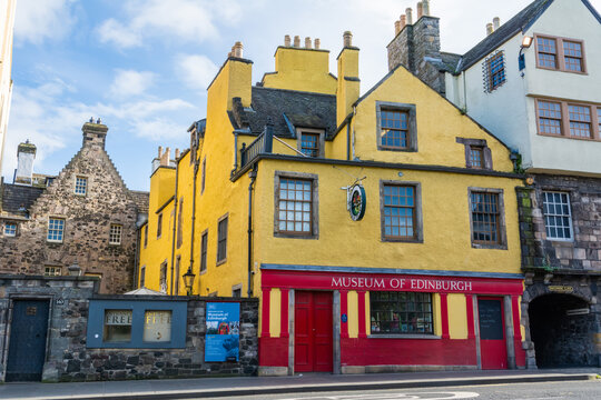 Edinburgh, United Kingdom – September 8, 2017. Museum of Edinburgh on Canongate Street in Edinburgh. Known as the Huntly House, the building was built in 1570. 