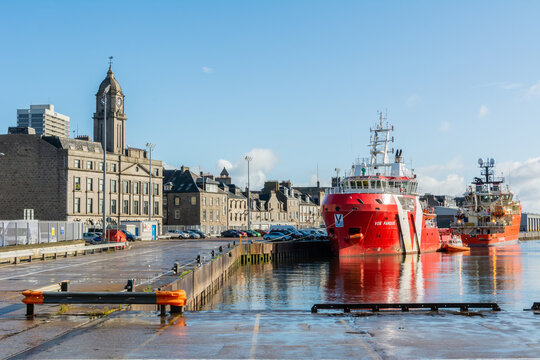 Aberdeen, United Kingdom – September 15, 2017. View of the Regent Quay area in Aberdeen, with buildings and VOS Famous standby safety vessel. 