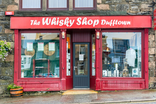 Dufftown, Scotland, United Kingdom – September 16, 2017. The Whisky Shop Dufftown liquor store stocking hundreds of single malts on Fife Street in Dufftown, Scotland. Exterior view.