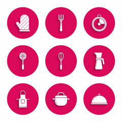 Set Kitchen whisk, Cooking pot, Covered with a tray of food, Measuring cup, apron, Spatula, timer and Oven glove icon. Vector
