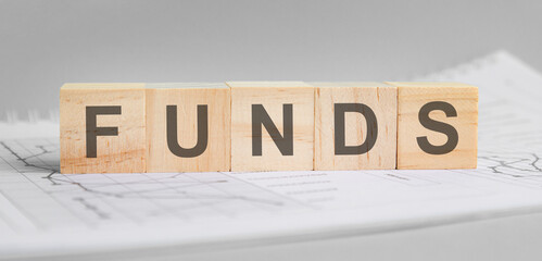 FUNDS is written on light wooden blocks. the word is located on a sheet with charts and graphs