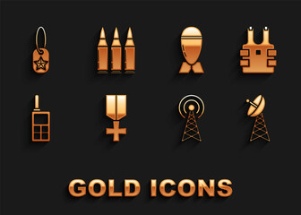 Set Military reward medal, Bulletproof vest for protection from bullets, Radar, Walkie talkie, Aviation bomb, dog tag and icon. Vector
