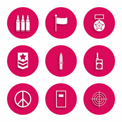 Set Military knife, Police assault shield, Target sport for shooting competition, Walkie talkie, Peace, Chevron, reward medal and Bullet icon. Vector