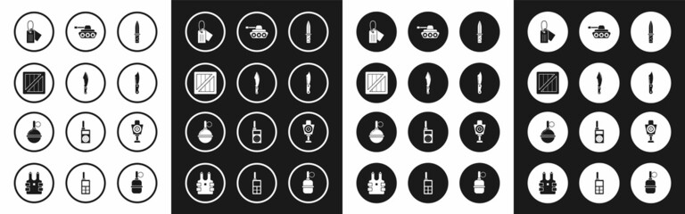 Set Military knife, ammunition box, dog tag, tank, Human target sport for shooting and Hand grenade icon. Vector