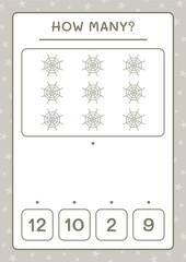 How many Cobweb, game for children. Vector illustration, printable worksheet