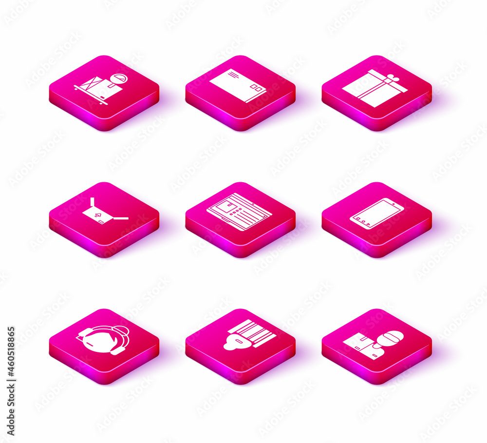 Poster set support operator in touch, scanner scanning bar code, cardboard box with traffic symbol, laptop 