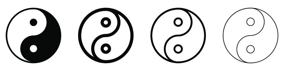 Yin Yang linear symbol. Set of black symbols of harmony and balance. Religion symbol of Taoism. Vector illustration.