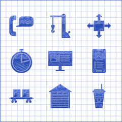 Set Computer monitor with app delivery tracking, Closed warehouse, Coffee cup, Mobile phone, Railway carriage, Stopwatch, Cardboard box traffic symbol and Telephone speech bubble chat icon. Vector