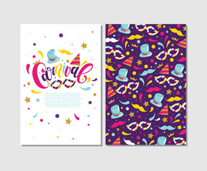Carnival cards, carnival lettering with colorful elements, vector illustration