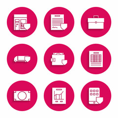 Set Wallet and money with shield, Document graph chart, Smartphone insurance, Report file document, Stacks paper cash, Delivery cargo truck, Briefcase and Shopping building icon. Vector