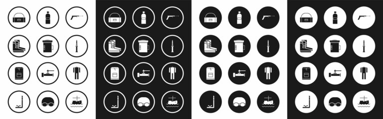 Set Fishing harpoon, Big flashlight for diver, Boots, Case box container wobbler, Army knife, Aqualung, Wetsuit scuba diving and Backpack icon. Vector