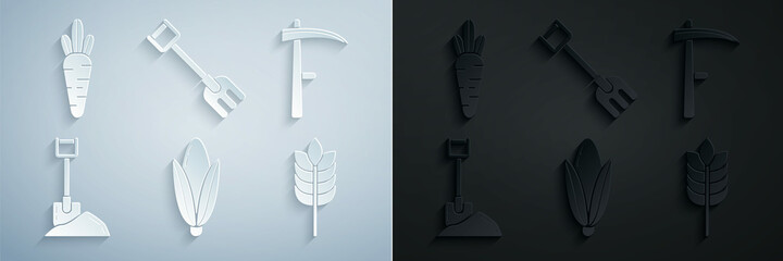 Set Corn, Scythe, Shovel in ground, Cereals with rice, wheat, corn, oats, rye, Garden rake and Carrot icon. Vector