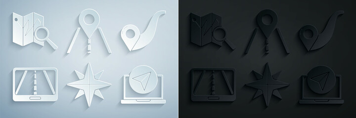 Set Wind rose, Route location, Infographic of city map navigation, Road traffic sign and Folded with marker icon. Vector