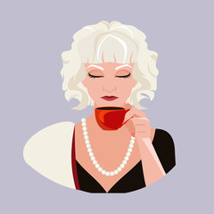 The avatar of a gray-haired woman with a string of pearls around his neck holds a red cup in his hand. Aristocracy. Flat vector illustration.