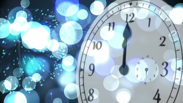 Animation of happy new year text with fireworks exploding and glowing spots over moving clock