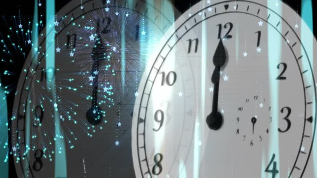 Animation of happy new year text with fireworks exploding and glowing lights over moving clock