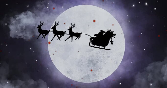 Animation Of Santa Claus In Sleigh With Reindeer Moving Over Moon And Red Dots