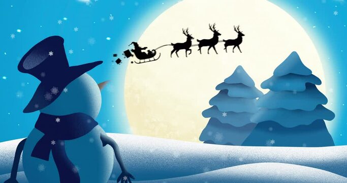 Animation of santa claus in sleigh with reindeer moving over moon and winter landscape