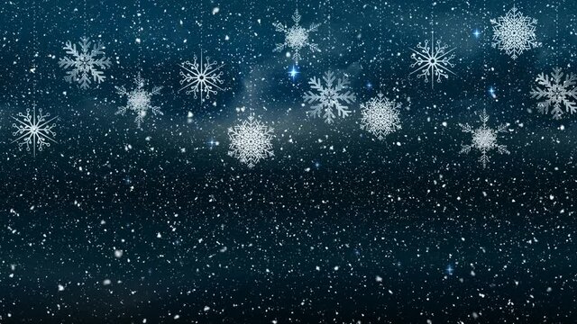 Animation of snow falling over snowflakes on sky