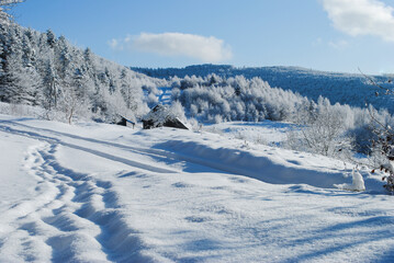 Winter mountain landscape on a sunny day, Beskids, Poland