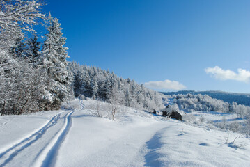 Fototapeta na wymiar Winter mountain landscape on a sunny day, Beskids, Poland