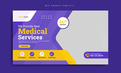 Healthcare and medical social media web banner template design with logo and icon. Health business marketing cover or website home page for doctor, nurse, dentist, dental clinic & hospital.        