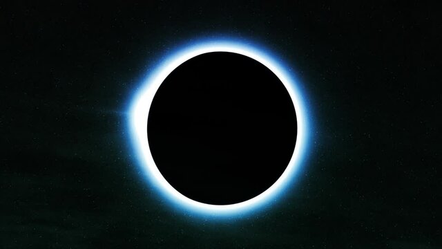 Total blue solar eclipse effect. The moon covers the sun. 3d animation