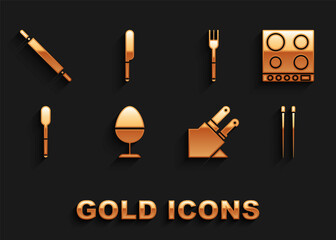 Set Chicken egg on a stand, Gas stove, Food chopsticks, Knife, Spoon, Fork, Rolling pin and icon. Vector
