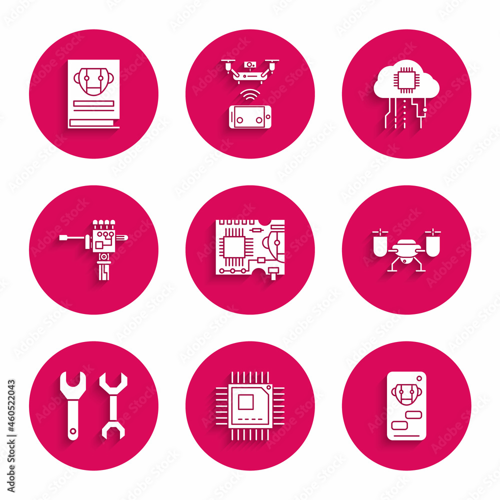 Poster set printed circuit board pcb, processor with microcircuits cpu, bot, drone flying action camera, sp