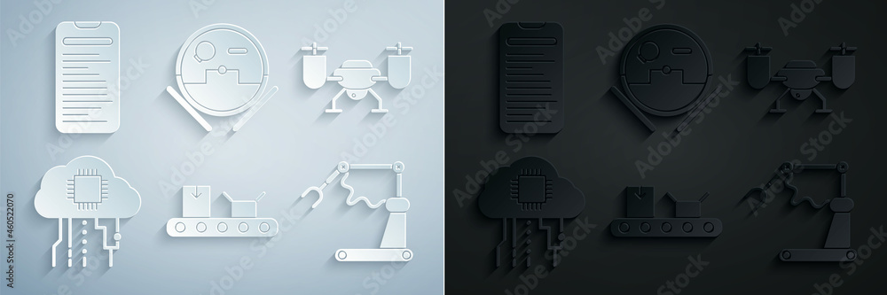 Poster set conveyor belt with cardboard box, drone flying action camera, internet of things, industrial mac