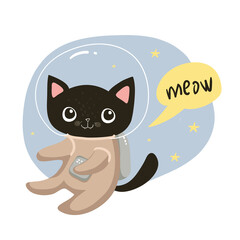 Black cat cosmonaut in the space, vector illustration for kids