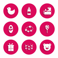 Set Rattle baby toy, Carnival garland with flags, Teddy bear plush, Lollipop, Gift box, Newborn infant swaddled, Toy train and Rubber duck icon. Vector