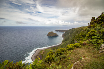 Obraz premium Azores travel destination, Flores island, hiking along the coast.