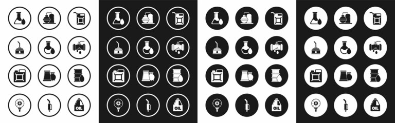 Set Canister for gasoline, Oil petrol test tube, motor machine oil, Broken metal pipe with leaking water, and industrial factory building, Barrel and icon. Vector