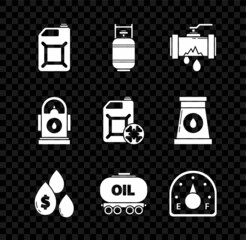 Set Canister for gasoline, Propane tank, Broken metal pipe with leaking water, Oil drop dollar symbol, railway cistern, Motor gauge, Petrol Gas station and Antifreeze canister icon. Vector