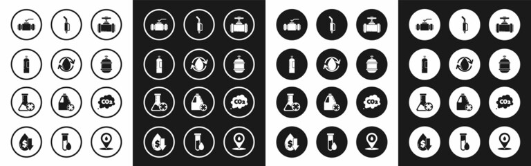 Set Industry metallic pipes and valve, Oil drop, Industrial gas cylinder tank, Propane, Gasoline pump nozzle, CO2 emissions cloud and Antifreeze test tube icon. Vector