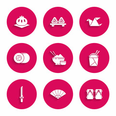 Set Rice in a bowl with chopstick, Geta traditional Japanese shoes, Asian noodles paper box and chopsticks, katana, Sushi, Origami bird and Khinkali cutting board icon. Vector